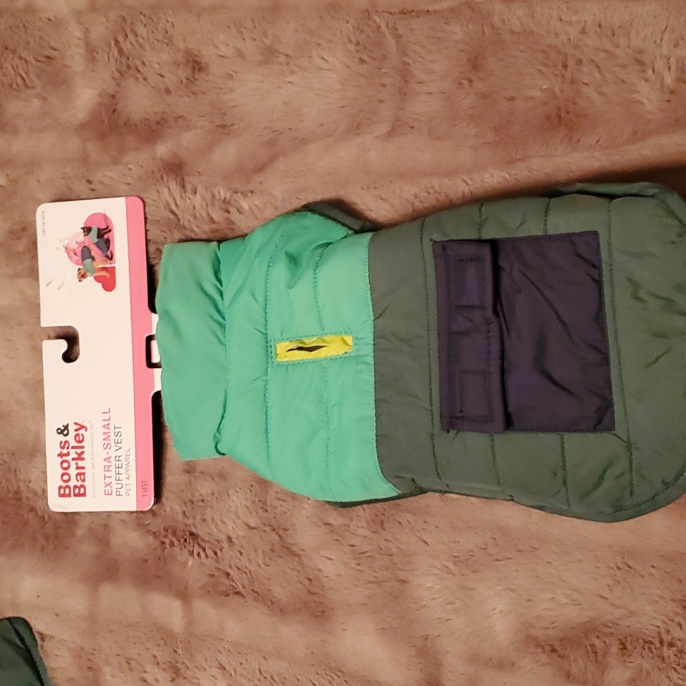 Extra Small Boots and Barkley Green Puffer Vest for dogs
